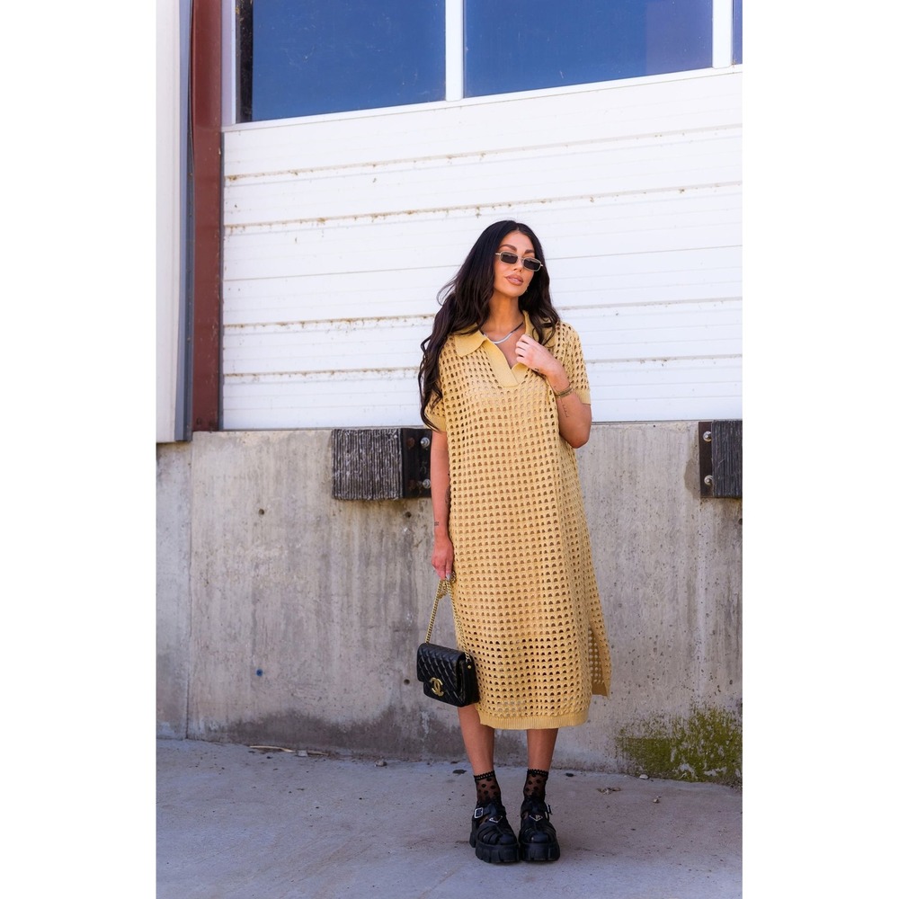 NWT Dressed In Lala Open Knit Polo Midi Dress Large Taupe Tan Crochet Cover Up